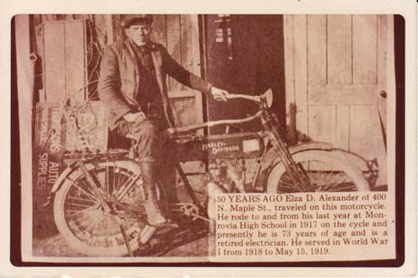 This 1910 Harley-Davidson motorcycle belonged to Elza D. Alexander (1893-1982), which he used from 1917 until he sold it in 1927 to Mooresville resident Harmon House (1910-1986) for $20. (Reference in the photo to Alexander's attending Monrovia High School in 1917 is incorrect; he was age 24 in 1917.)