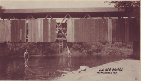 This old, red wooden bridge spanned the east fork of White Lick Creek along the Waverly Road, where present-day state roads 144 and 67 intersect in Mooresville, IN.